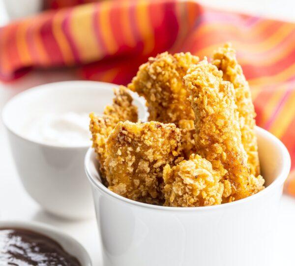 Breaded fried chicken strips.